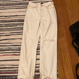 UO cream straight jeans with brown stitching